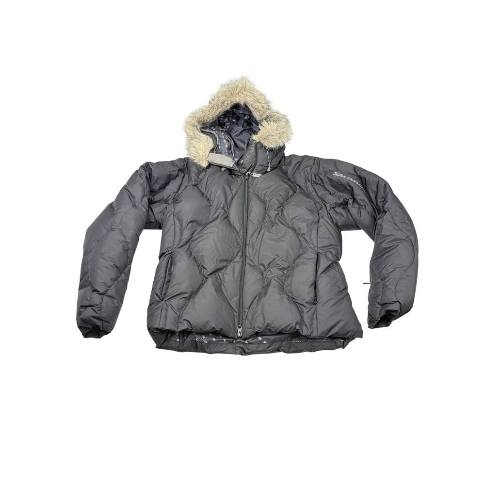 Salomon women black short puffer coat, fur lined hood. Size S. down filled.